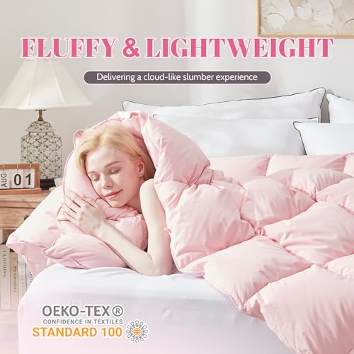 Cosybay Feather and Downfiber Comforter Queen Size, Fluffy Duvet Insert Queen, All Season Cotton Cover Luxury Hotel Bed Comforter with Corner Tabs(Pink, 90"x90")