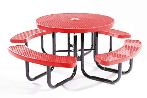 Coated Outdoor Furniture Heavy-Duty Portable Outdoor Picnic Table with Umbrella Hole, Expanded Metal Commercial-Grade Patio Dining Furniture Made in America (46" Round Top, Red)