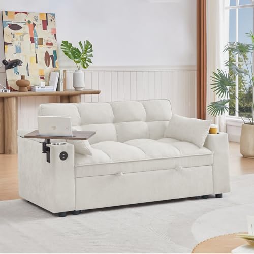 Auvsoce 65'' Convertible Queen Size Sleeper Sofa Bed.Modern Chenille Fabric Sofa with Pull Out Bed and 360 Degree rotatable Side Table for Living Room,RV, Trailer, Basement, Big Horn (Beige)