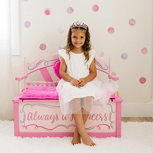 Wildkin Kids Princess Wooden Bench Seat With Storage, Toy Box Bench Seat Features Safety Hinge, Padded Backrest, Seat Cushion, and Two Carrying Handles, Measures 32 x 15.5 x 27.5 Inches (Pink)