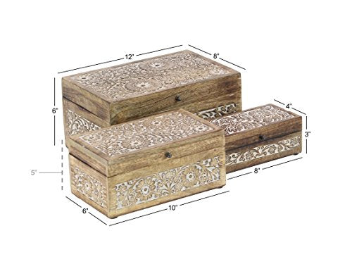 Deco 79 Mango Wood Floral Decorative Box Decorative Keepsake Boxes with Hinged Lid, Set of 3 Storage Boxes 8", 10", 12"W, Brown