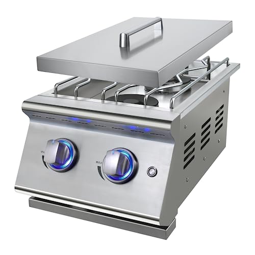 Double Grilling Side Burners for Outdoor Kitchen, 2 * 15,000BTU Liquid Propane Burners, Duty Heavy 304 Stainless Steel, with Natural Gas Kit, Built-in Side Burner for BBQ Island Grill