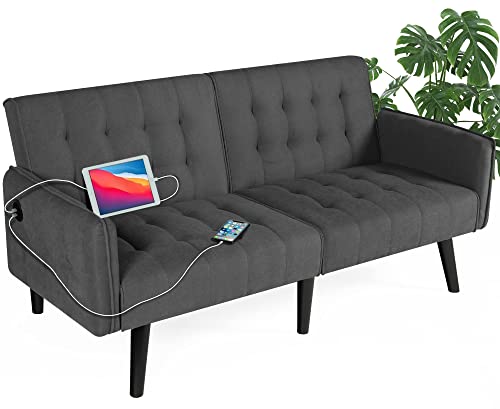 TYBOATLE 65“ Convertible Futon Sofa Bed w/ 2 USB, Upholstered Tufted Small Adjustable Folding Couch Loveseat, Modern Mid Century Sleeper Sofa for Living Room, Bedroom, Apartment, Office (Dark Grey)