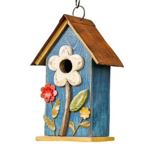 glitzhome GH90097 Distressed Decorative Solid Wood Birdhouse, 10.25 Inch Tall, Blue