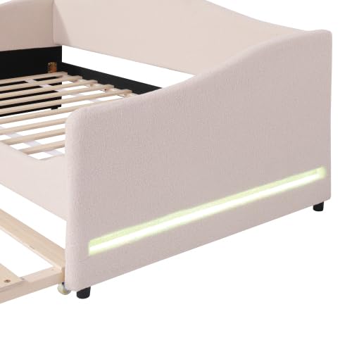 Velvet Upholstered Daybed with with LED Light and Trundle, Twin Size Day Bed Sofa Bed, Modern Twin Daybed Frame, Extendable Frame for Kids Teens Adults,Living Room, Bedroom, New (Beige+LED)