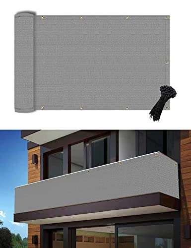 POYEE 3'×16' Light Gray Balcony Privacy Screen Fence Cover UV Protection Weather Resistant Waterproof Shade Cloth for Outdoor Patio Apartment Backyard Porch Deck Railing with Zip Ties