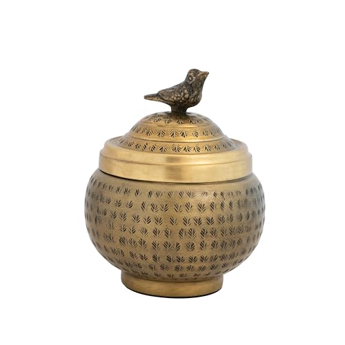 Creative Co-Op Hammered Aluminum Sphere Lid and Bird, Antique Brass Finish Container