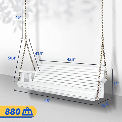 VINGLI Upgraded Patio Wooden Porch Swing for Courtyard & Garden, Heavy Duty 880 LBS Swing Chair Bench with Hanging Chains for Outdoors (4 FT, White)