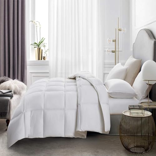 Serta Goose Feather Down Fiber Cotton Comforter Queen Size - 100% Cotton Duvet Insert - Hotel Luxury Hypoallergenic Bedding Comforter All Season Medium Warmth 90 x 90 Inch White