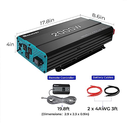 Renogy 2000W Pure Sine Wave Inverter 12V DC to 120V AC Converter for Home, RV, Truck, Off-Grid Solar Power Inverter 12V to 110V with Built-in 5V/2.1A USB / Hardwire Port, Remote Controller