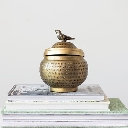 Creative Co-Op Hammered Aluminum Sphere Lid and Bird, Antique Brass Finish Container