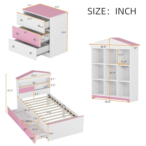 Merax 3-Pieces Bedroom Sets, Twin Size Wooden Bed Frame with House-Shaped Storage Headboard, 3-Drawer Nightstand and Nine Compartments Bookshelf, Cute Design for Boys Girls Kids' Room, Pink+White