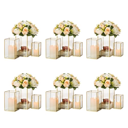 Glass Hurricane Candle Holder Large - Hewory 18pcs Gold Rectangle Flower Holders Centerpiece for Table, Tall Floor Square Pillar Candle Lantern for Wedding, Anniversary, Party, Fireplace, Dining Room