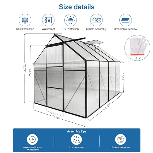 LUSPAZ 6x8 FT Outdoor Patio Greenhouse, Adjustable Roof Vent and Rain Gutter for Plants, Clear Polycarbonate Panels Greenhouse, Garden Greenhouse for Winter Garden Backyard