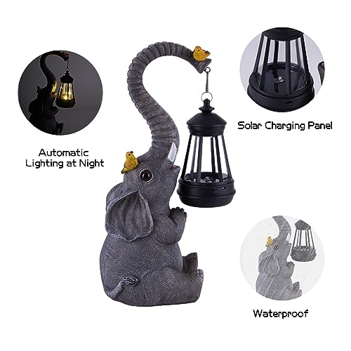 Solar Outdoor Garden Statues Lights, Elephant Figurines with Cute Birds Garden Sculpture Decor, Lucky Elephant Mother Gifts for Women, Men or Daughter, Unique Housewarming Gifts and Yard Decoration