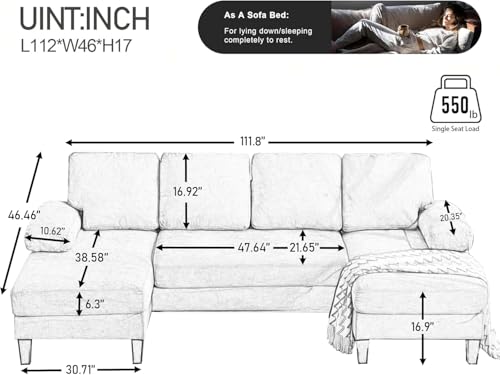 ASAHREE 112'' Corduroy Sectional Couch for Living Room, Modular U- Shape Sleeper Sofa Couch with Double Chaise&Comfy Armrest, Oversized 4 Seat U Shaped Sofa Set for Small Space, Apartment, Beige