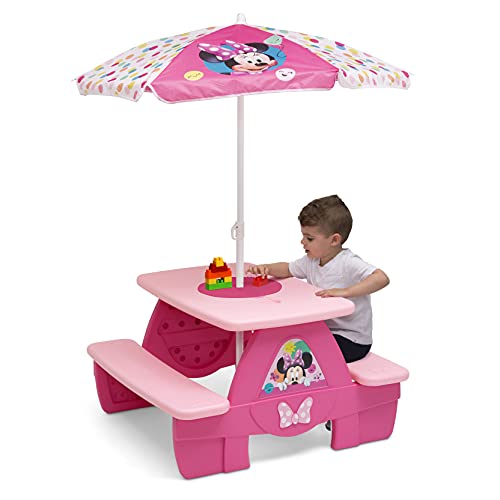 Delta Children 4 Seat Activity Picnic Table with Umbrella and Lego Compatible Tabletop, Minnie Mouse