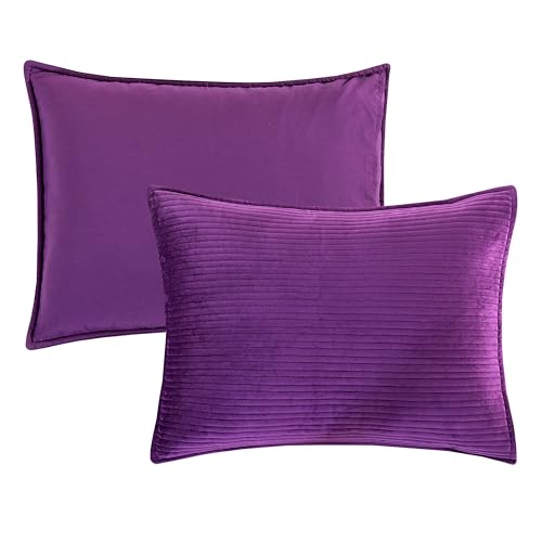 Elegant Comfort Luxury 3-Piece Velvet Corduroy Stripe Quilt Set, Ultra Soft Bedspread - Cozy Velvet Coverlet Set - 3PC Medium Weight Quilted Set with Matching Pillow Shams, Twin XL, Purple