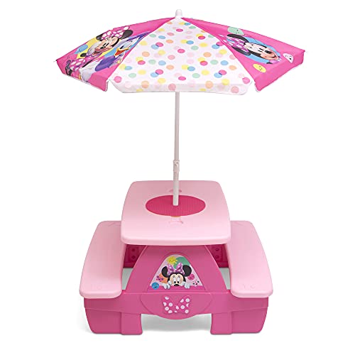 Delta Children 4 Seat Activity Picnic Table with Umbrella and Lego Compatible Tabletop, Minnie Mouse