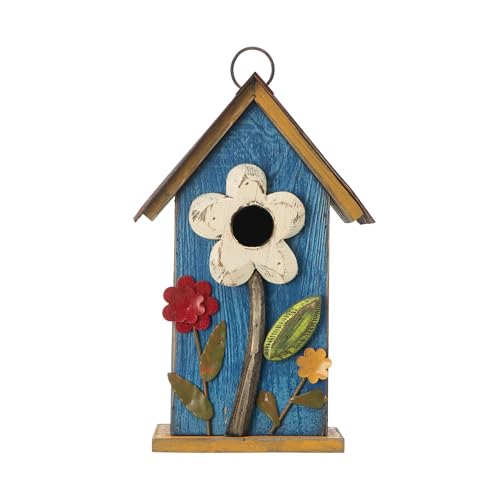 glitzhome GH90097 Distressed Decorative Solid Wood Birdhouse, 10.25 Inch Tall, Blue