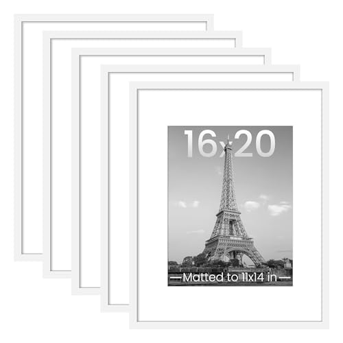 upsimples 16x20 Picture Frame Set of 5, Display Pictures 11x14 with Mat or 16x20 Without Mat, Wall Gallery Poster Frames, White