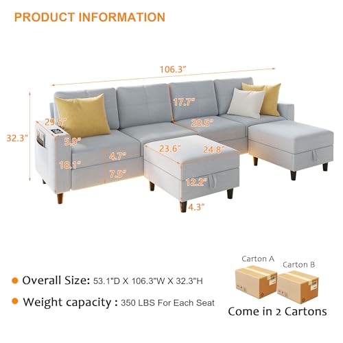 SKKTKT LED Sectional Couches for Living Room, Modular Sectional Sofa Set with Storage Ottomans, Oversized U Shaped Sofa Couch with Auto Sensor RGB Lights and Charging Station (Light Grey)