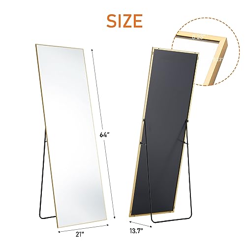 Sweetcrispy 64"x21" Full Length Mirror, Full Body Floor Mirror for Bedroom Large Wall Mirror with Stand Full Length Aluminum Alloy Frame Standing Hanging or Leaning Against Wall, Gold