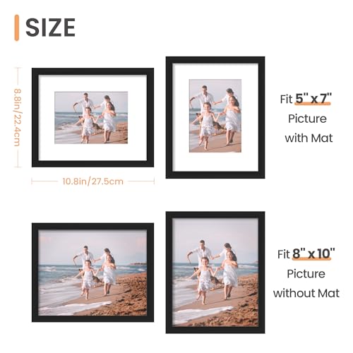 upsimples 8x10 Picture Frame Set of 5, Display Pictures 5x7 with Mat or 8x10 Without Mat, Wall Gallery Photo Frames, Black