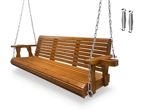 Fortune Candy Wooden Porch Swing 3-Seater, Bench Swing with Cupholders, Hanging Chains and 7mm Springs, Heavy Duty 880 LBS, for Outdoor Patio Garden Yard, Brown - 5 FT