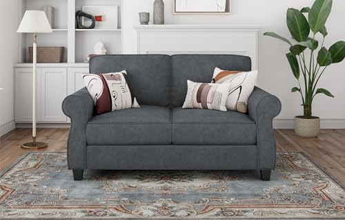 Loveseat Sofa - 56" Small Couch Mid Century Modern Flannel Love Sofas Small Space Saving Upholstered 2 Seater Love Seat Couches for Living Room Bedroom Home Office Apartment and Small Space, Dark Grey