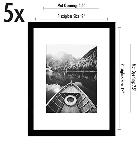 Americanflat 9x12 Picture Frame with Polished Plexiglass - Set of 5 - Use as 6x8 Frame with Mat or 9x12 Frame Without Mat - Galleria Collection - Gallery Wall Frame Set for Wall Display - Black