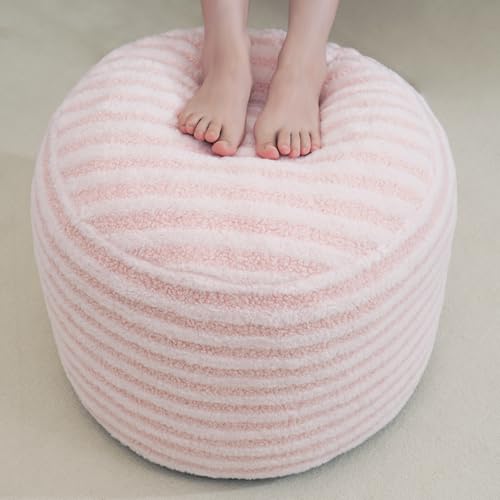 Round Pouf Ottoman Stuffed Pouf Foot Rest Stool, Floor Chair Poufs for Living Room Bedroom, Faux Fur Poufs with Foam Chunk Filling, Storage Ottoman Pouf 20 X 15 Inch Boho Poof for Couch, Pink & White