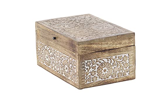 Deco 79 Mango Wood Floral Decorative Box Decorative Keepsake Boxes with Hinged Lid, Set of 3 Storage Boxes 8", 10", 12"W, Brown