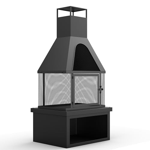 43" H Living Outdoor Wood Burning Fireplace with Wood Storage,Chiminea Fireplace with Mesh Spark Screen Doors, Black