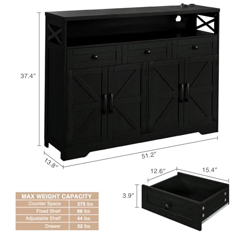 51" Black Buffet Sideboard Cabinet with Storage, Farmhouse Kitchen Storage Pantry Cabinet with Shelves, Wood Cupboard Hutch Cabinet, Coffee Bar Station Table for Kitchen, Living Room, Dining Room