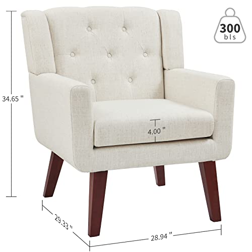 Accent Reading Chair Button-Tufted Upholstered Comfy Mid Century Modern Chair with Linen Fabric Lounge Arm Chairs for Living Room Bedroom (Beige)