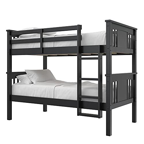 DHP Dylan Twin Over Twin Bunk Bed, Espresso, Sturdy Wood Construction, Converts to 2 Twin Beds, Guard Rails, Step Ladder