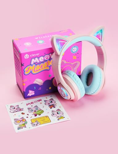 iClever Cat Ear Kids Bluetooth Headphones, LED Lights Up, 74/85dBA Safe Volume Limited, 50H Playtime,Bluetooth 5.2, USB C, Kids Headphones Wireless for Travel iPad Tablet, Meow Macaron Pink