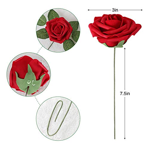 AmyHomie Artificial Flower Dark Red Rose 25pcs Real Looking Fake Roses w/Stem for DIY Wedding Bouquets Centerpieces Arrangements Party Baby Shower Home Decorations