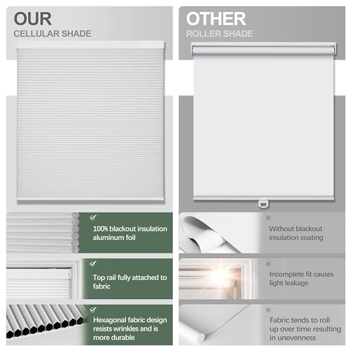 Boolegon Blackout Cellular Shades Cordless Pull Down Cellular Blinds Thermal Insulated Honeycomb Blinds for Windows, White