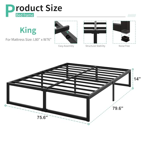 Lutown-Teen 14 Inch King Bed Frame Sturdy Mattress Foundation, Heavy Duty Metal Platform with Steel Slats Support No Box Spring Needed, Noise Free, Easy Assembly, Black