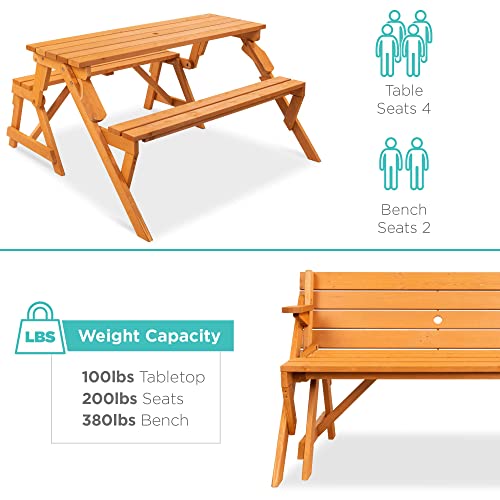 Best Choice Products 2-in-1 Transforming Interchangeable Outdoor Wooden Picnic Table Garden Bench for Backyard, Porch, Patio, Deck w/Umbrella Hole - Natural