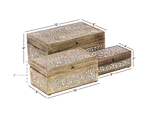 Deco 79 Mango Wood Floral Decorative Box Decorative Keepsake Boxes with Hinged Lid, Set of 3 Storage Boxes 8", 10", 12"W, Brown