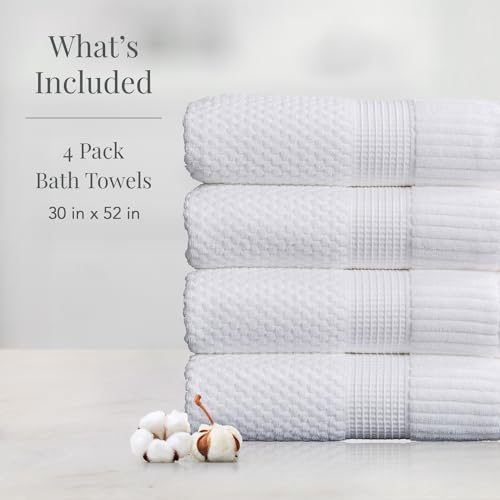 NY Loft 100% Cotton 4 Pack Bath Towels, 30" x 52", Soft & Absorbent, Quick Dry, Textured - Trinity Collection, Bright White