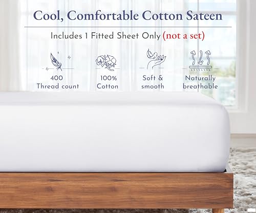 California Design Den Twin Fitted Sheet White, Soft 400 Thread Count 100% Cotton, Deep Pocket Cooling Sheets, No Pop-Off Elastic, Durable Sateen Weave Bottom Sheet for Adults (Twin, White)