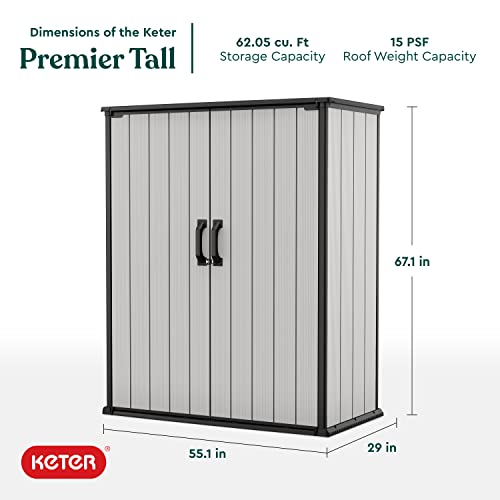 Keter Premier Tall 4.6 x 5.6 ft. Resin Outdoor Storage Shed with Shelving Brackets for Patio Furniture, Pool Accessories, and Bikes, Grey & Black