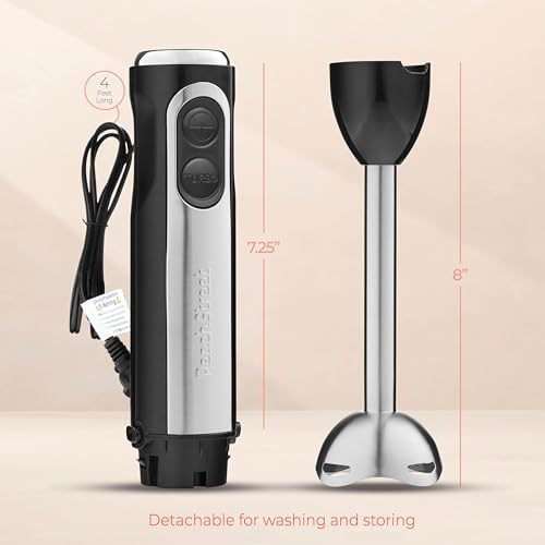 Powerful Immersion Blender, Electric Hand Blender 500 Watt with Turbo Mode, Detachable Base. Handheld Kitchen Gadget Blender Stick for Soup, Smoothie, Puree, Baby Food, 304 Stainless Steel Blades
