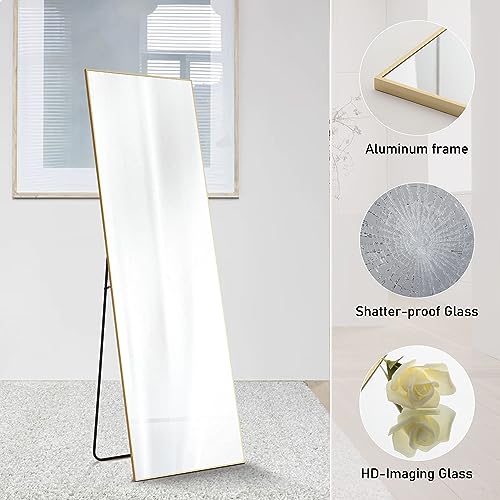 Sweetcrispy 64"x21" Full Length Mirror, Full Body Floor Mirror for Bedroom Large Wall Mirror with Stand Full Length Aluminum Alloy Frame Standing Hanging or Leaning Against Wall, Gold