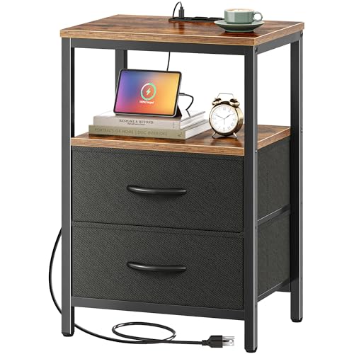 Huuger Nightstand with Charging Station, Side Table with Fabric Drawers, End Table with Open Shelf, Bedside Table with USB Ports and Outlets, Night Stand for Bedroom, Rustic Brown and Black