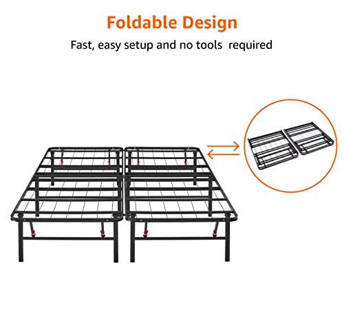 Amazon Basics Foldable Metal Platform Bed Frame, Tool-Free Setup, Queen Size, 14" High, Steel Support, Black